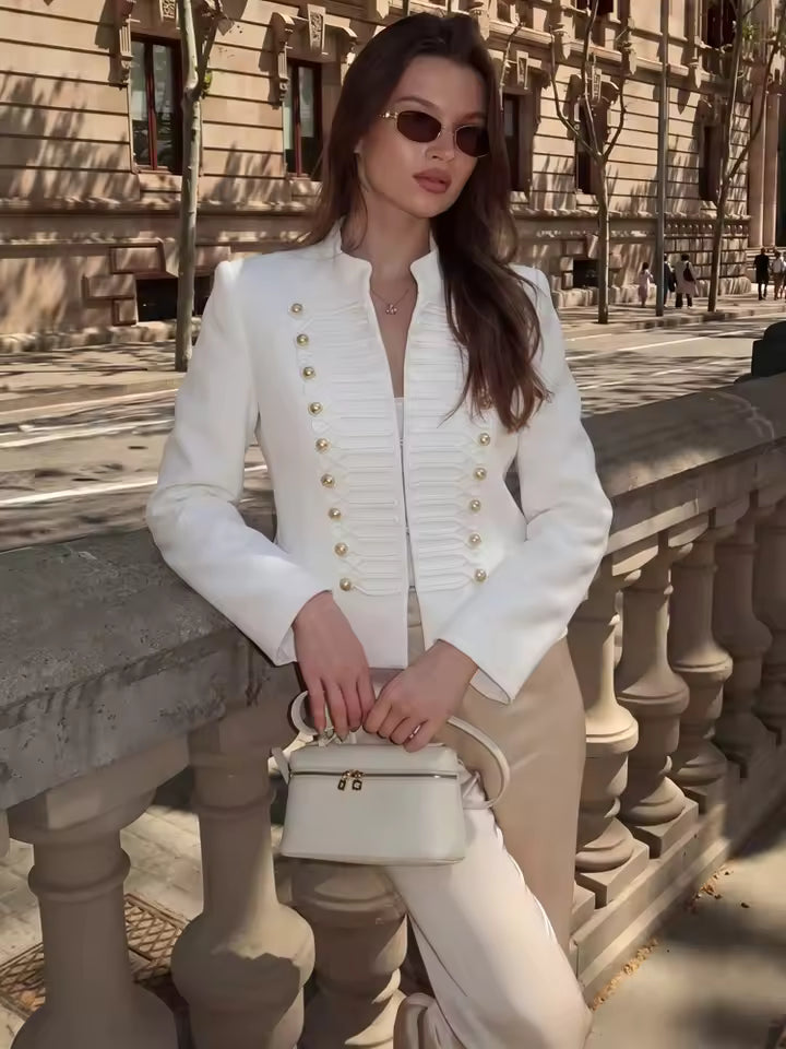 Ava Military Leather Bomber Jacket in White