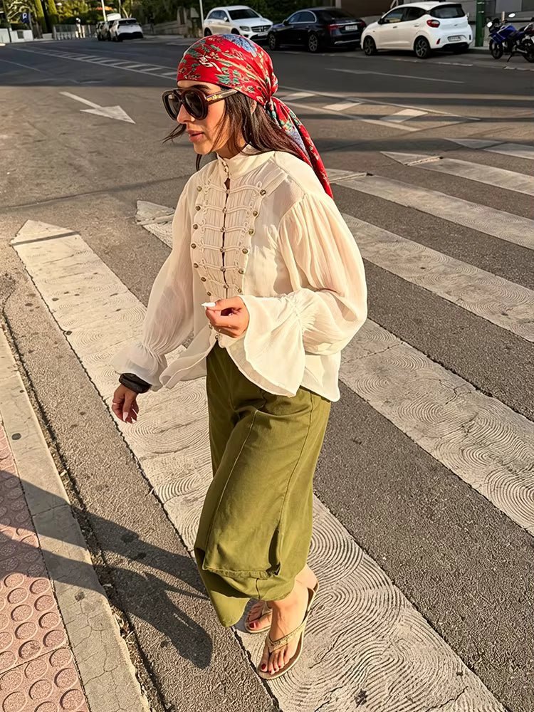 SOKYND Addison Vintage Stand Collar Frog Button Blouse BlouseSOKYND-182295-BEI-M-71319BeigeM