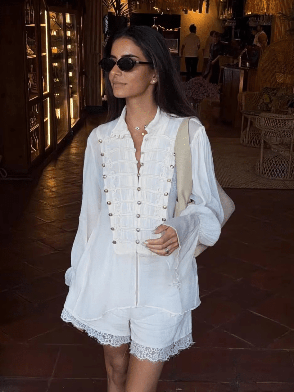 SOKYND Addison Vintage Stand Collar Frog Button Blouse BlouseSOKYND-182295-BEI-S-38551BeigeS