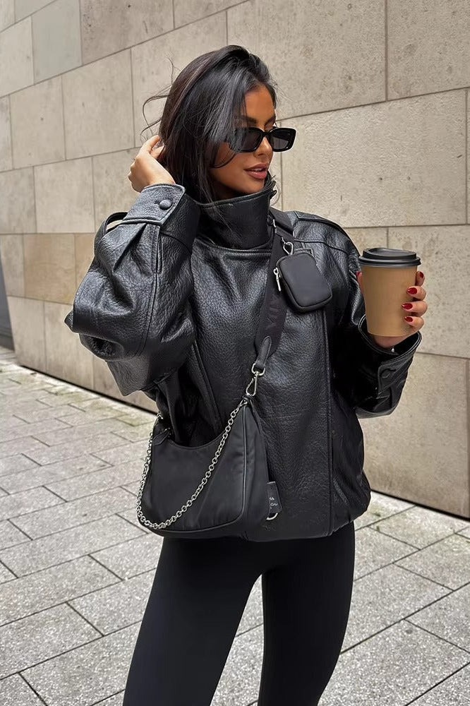 SOKYND Aleah Asymmetrical Leather Jacket Coats & JacketsGE1767356248732148803BlackM
