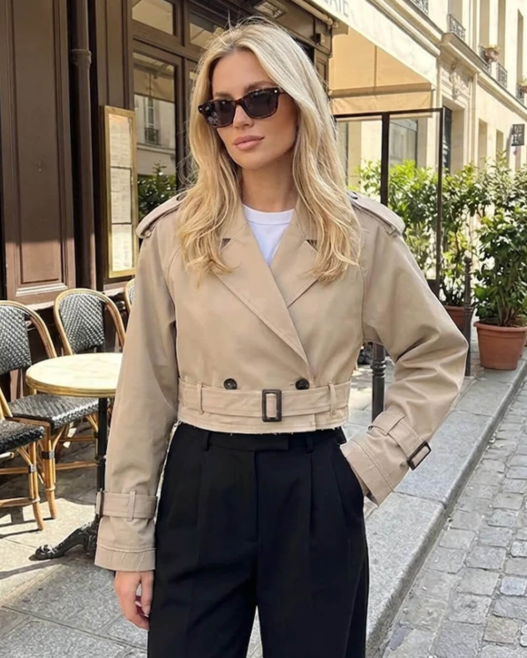 SOKYND Althea Cropped Trench Coat with Belt in Khaki