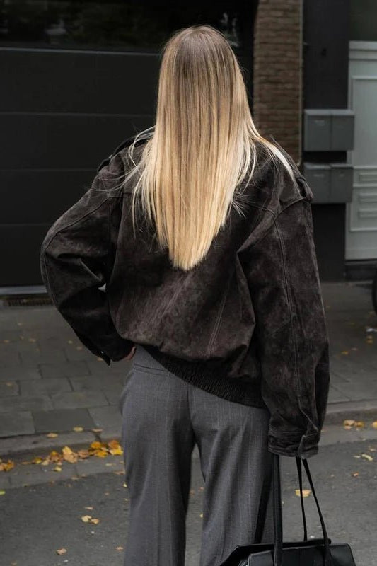 SOKYND Alyssa Suede Bomber Jacket Coats & JacketsyF1772777205908148207Dark GreyM