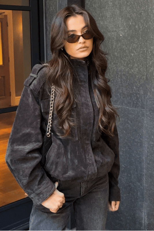 SOKYND Alyssa Suede Bomber Jacket Coats & JacketsyF1772777205908148207Dark GreyM