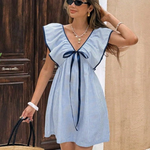 SOKYND Anya Striped V - Neck Ruffle Mini Dress DressBlueS