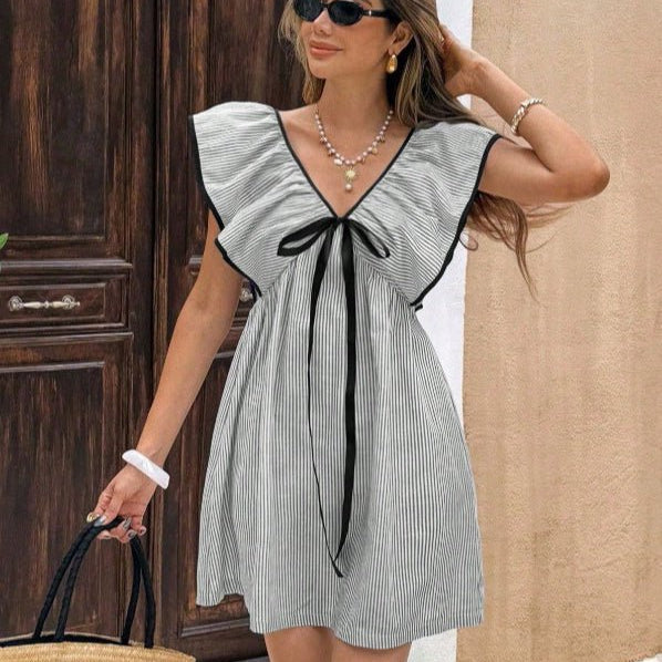 SOKYND Anya Striped V - Neck Ruffle Mini Dress DressGreenS