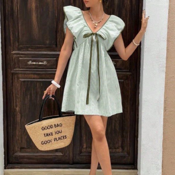 SOKYND Anya Striped V - Neck Ruffle Mini Dress DressGreenS