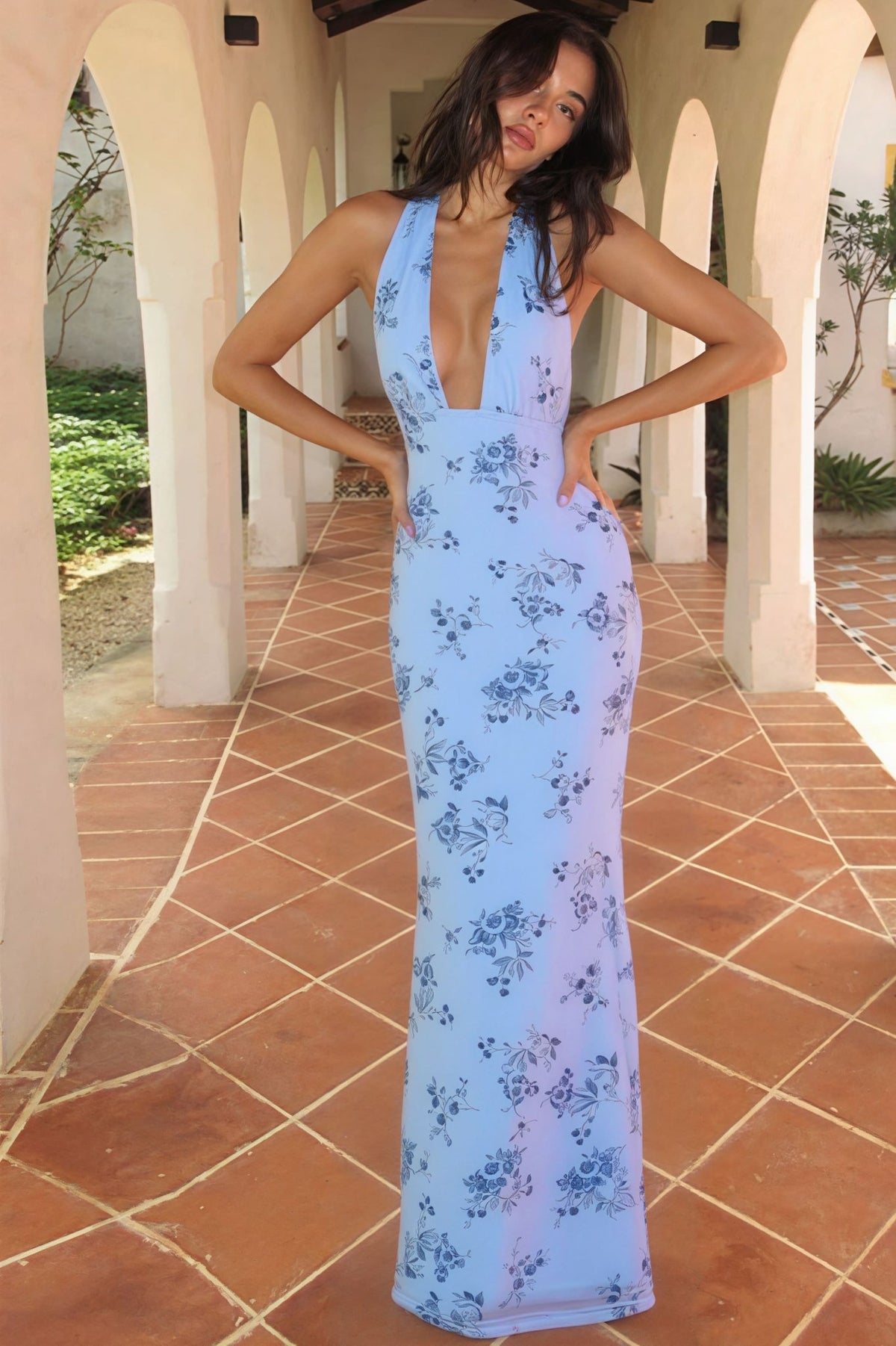 SOKYND Ava Floral Deep V-Neck Maxi Dress in Blue