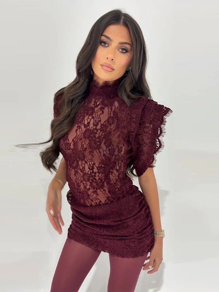 SOKYND Barbara Sheer Lace Slim Fit Dress in Red
