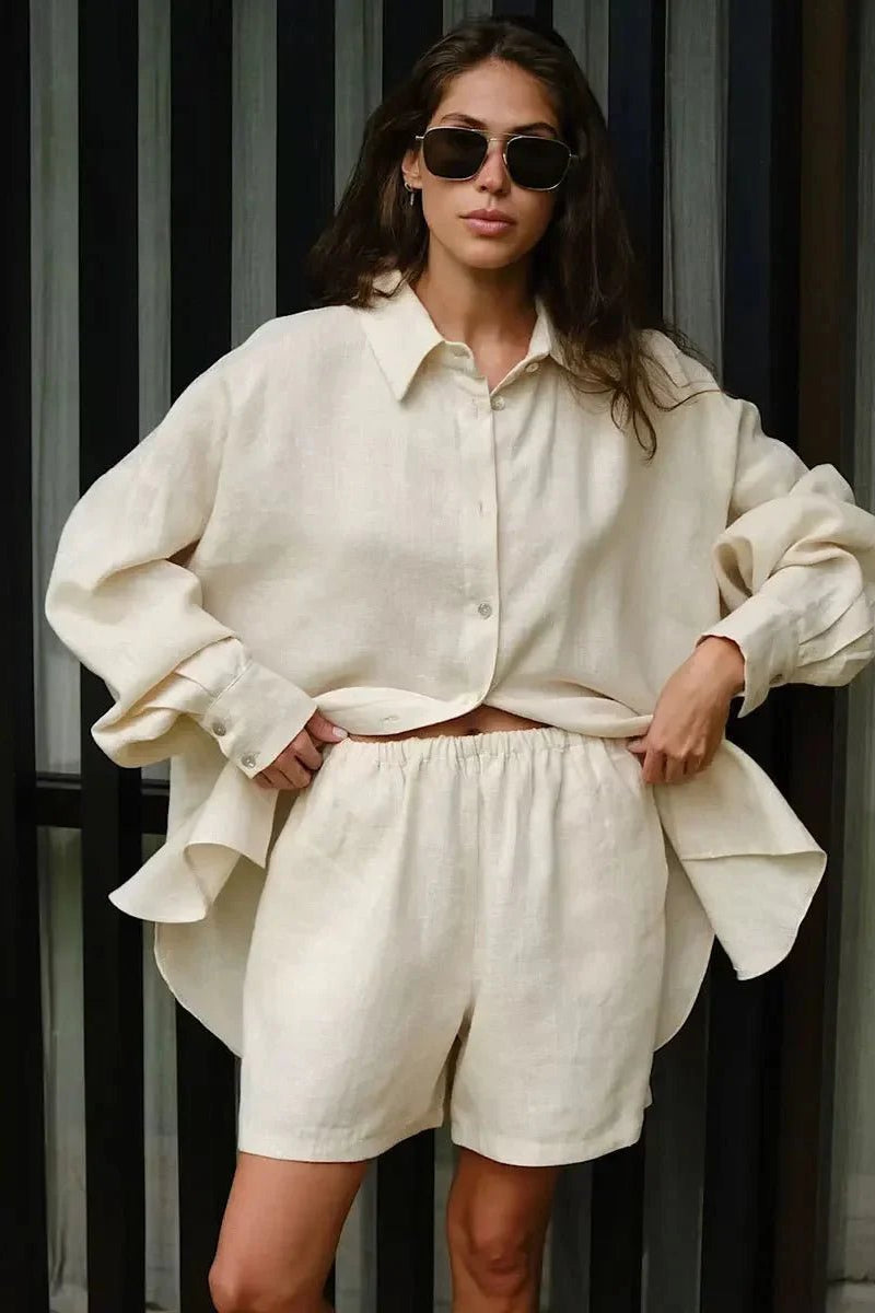 SOKYND Celeste Lapel Lantern Sleeve Shorts Set ShortsSOKYND-294935-CRE-S-18935CreamS