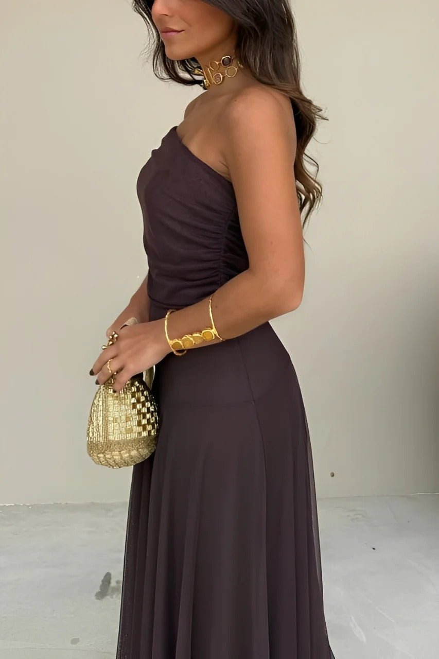 SOKYND Celeste Off-Shoulder Ruched Maxi Dress DressBrownS