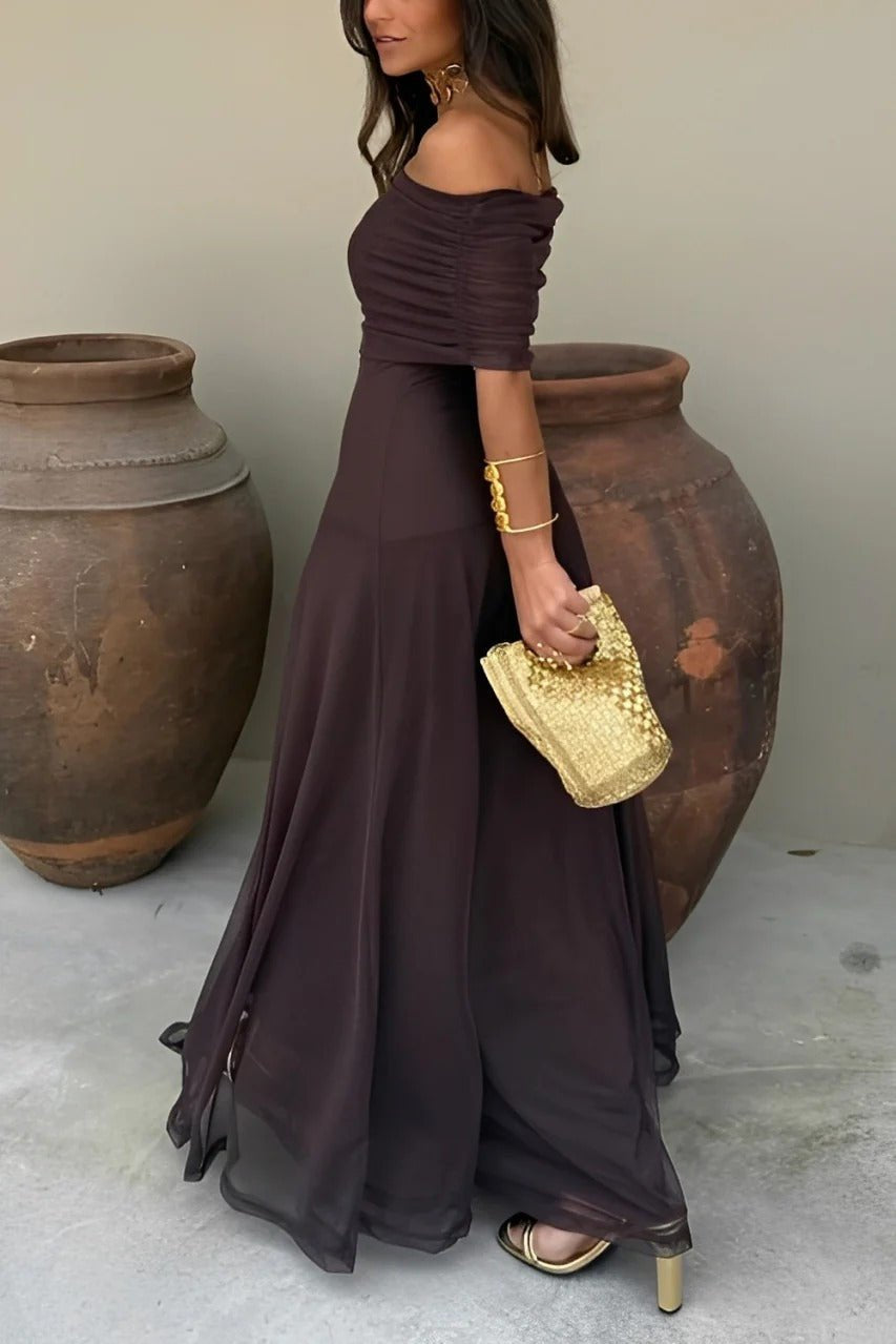 SOKYND Celeste Off-Shoulder Ruched Maxi Dress DressBrownS