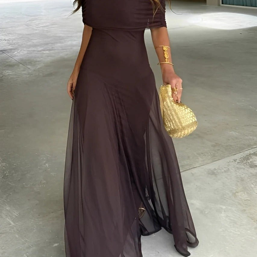 SOKYND Celeste Off-Shoulder Ruched Maxi Dress DressBrownS