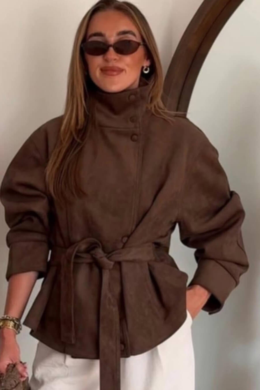 SOKYND Clara Funnel Faux Suede Trench Coat CoatSOKYND-526359-BRO-S-30807BrownS