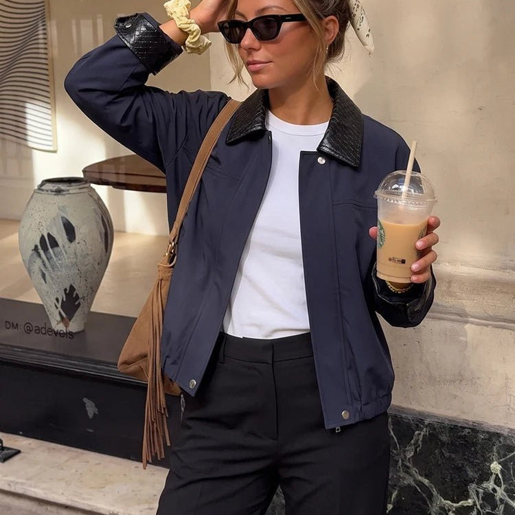 SOKYND Daniela Contrast Collar Bomber Jacket JacketSOKYND-140183-NAV-XS-96375NavyXS