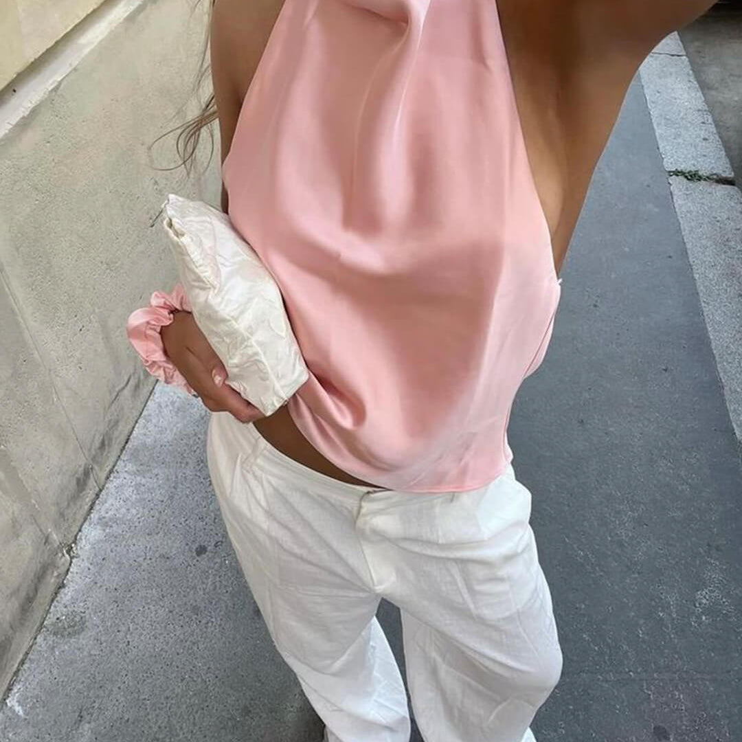 SOKYND Elaine Halter Backless Satin Top TopsPinkXS