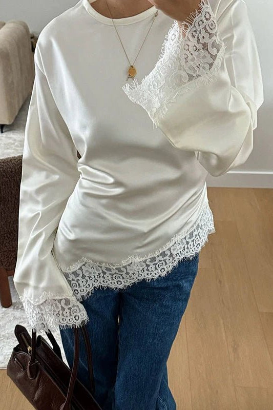SOKYND Elara Asymmetrical Long Sleeve Lace Hem Top Tops1005011565176581-;RQ1772479400689700649WhiteS