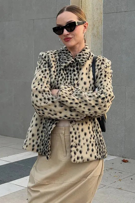 SOKYND Ellen Leopard Printed Faux Fur Jacket CoatLeopardXS