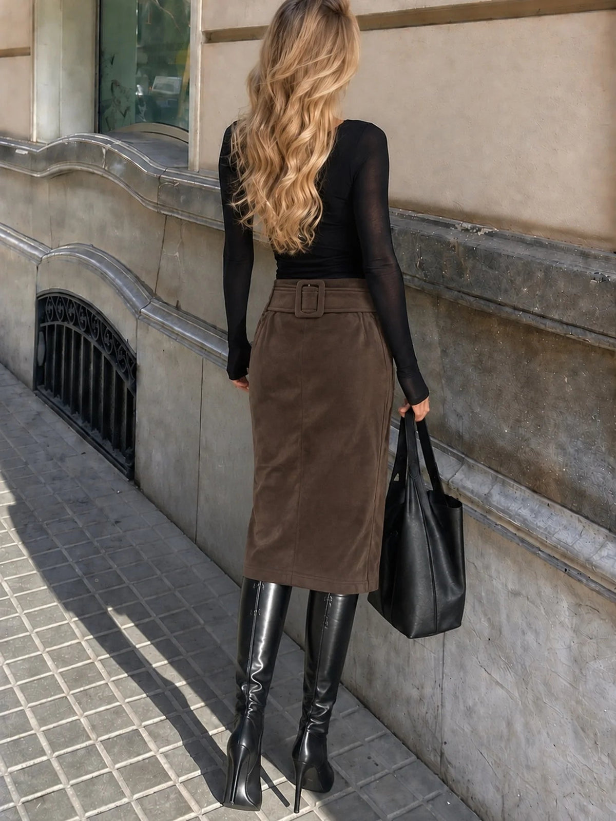 SOKYND Ellie Belted Faux Suede Midi Skirt SkirtSOKYND-692311-BRO-M-94615BrownM