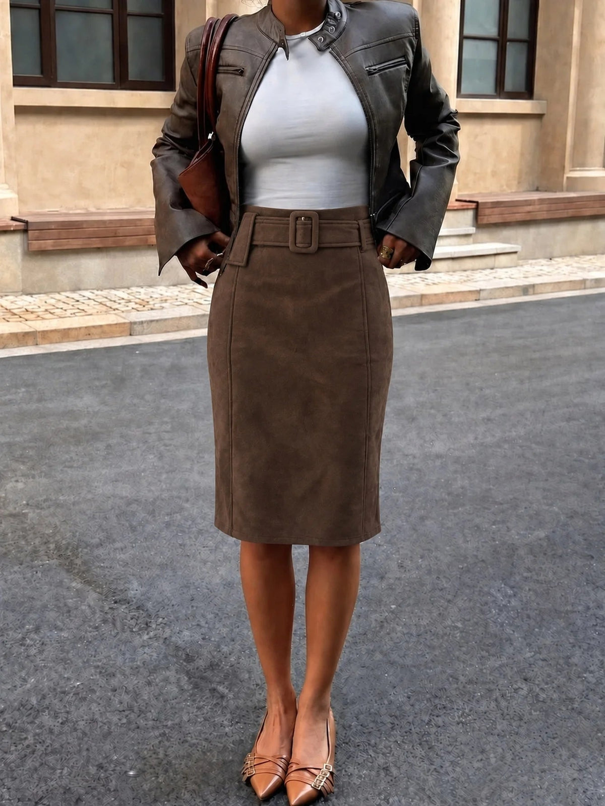 SOKYND Ellie Belted Faux Suede Midi Skirt SkirtSOKYND-692311-BRO-S-61847BrownS