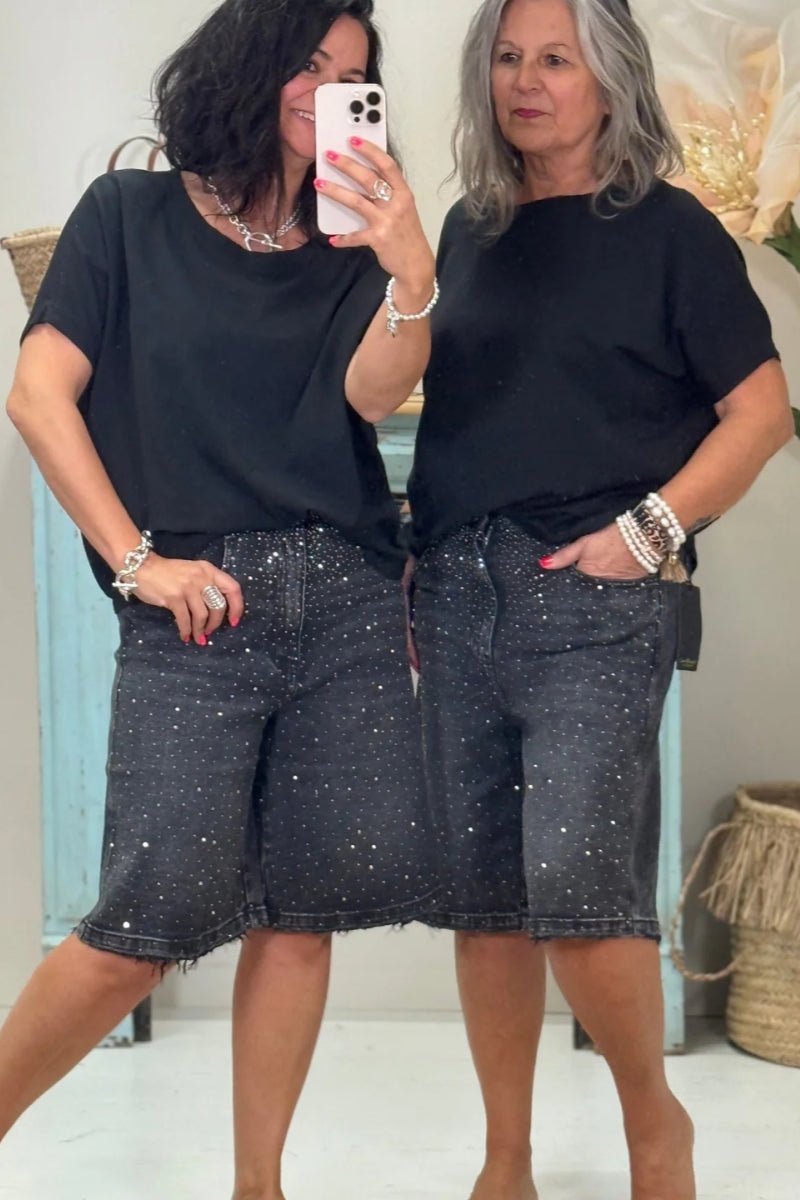 SOKYND Everly Rhinestone Denim Shorts in Black