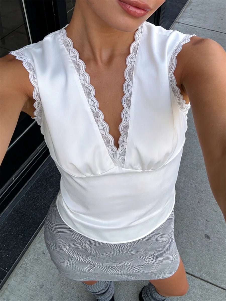 SOKYND Francine Deep Neck Satin Top in White