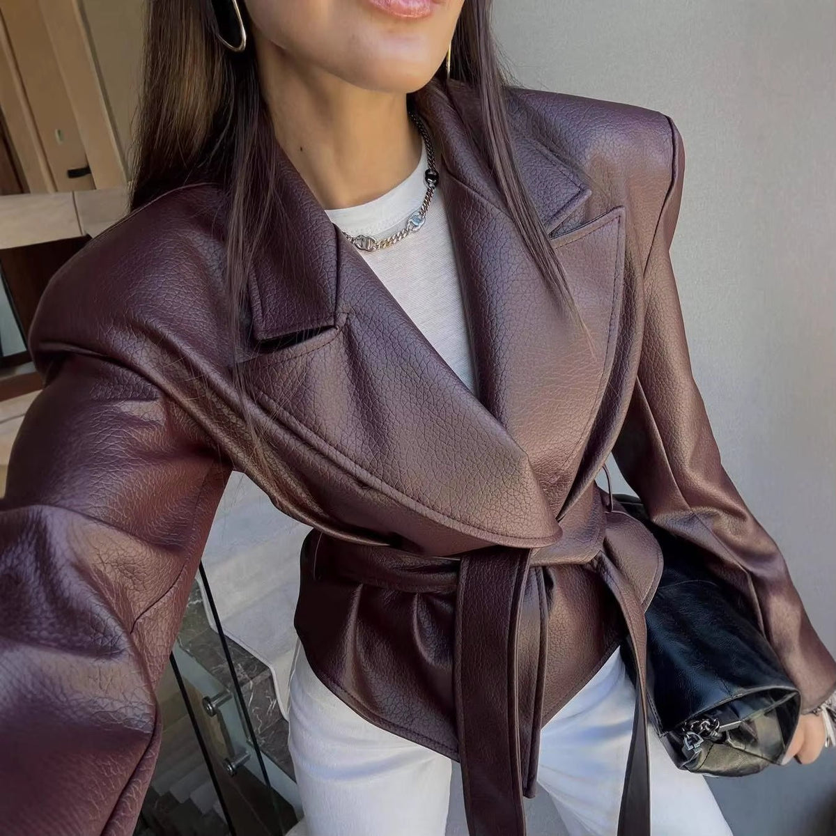 SOKYND Helena Lace-Up Vegan Leather Jacket JacketSOKYND-939607-BUR-XL-18935BurgundyXL