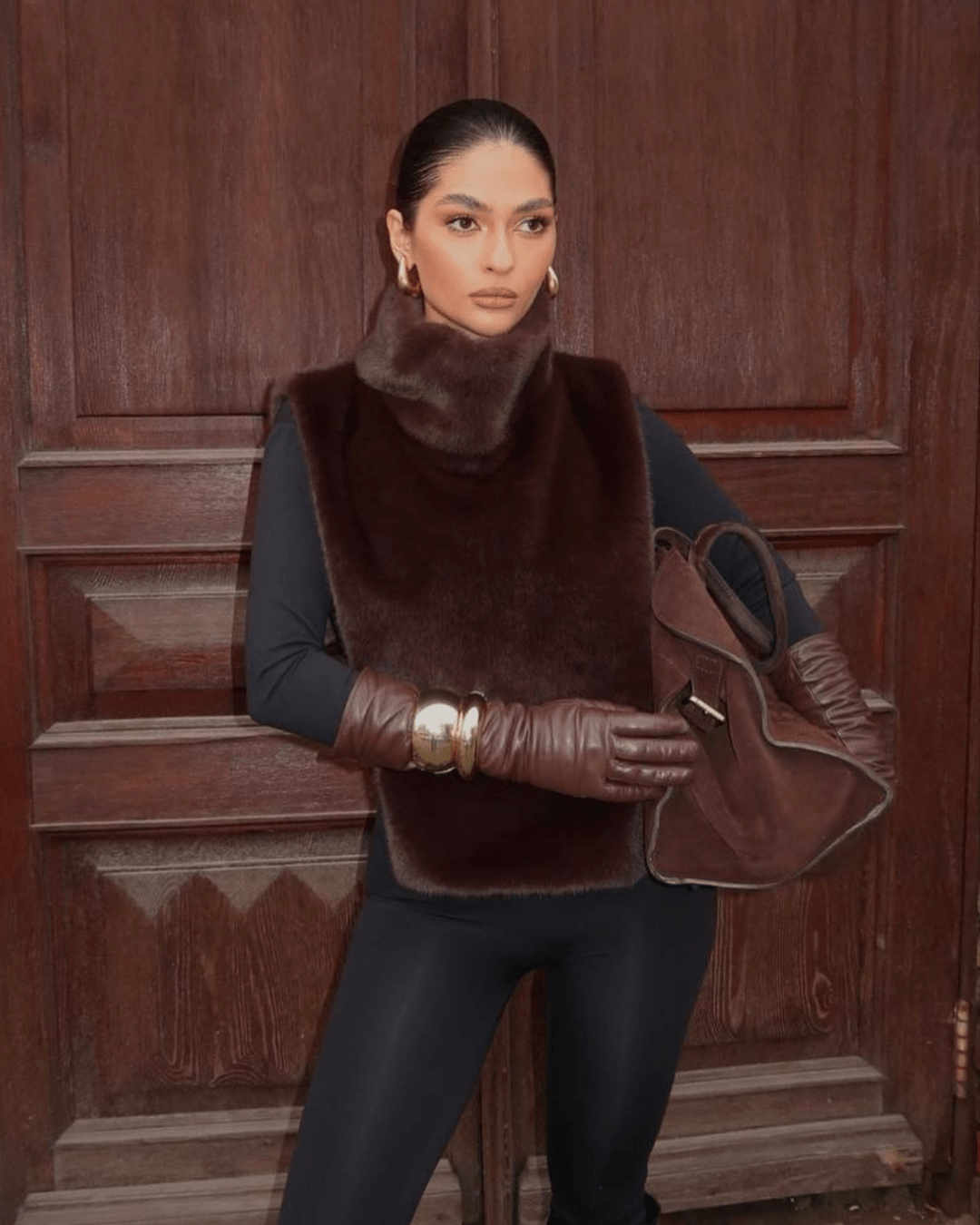 SOKYND Ivonne Faux Fur Turtleneck Vest in Brown
