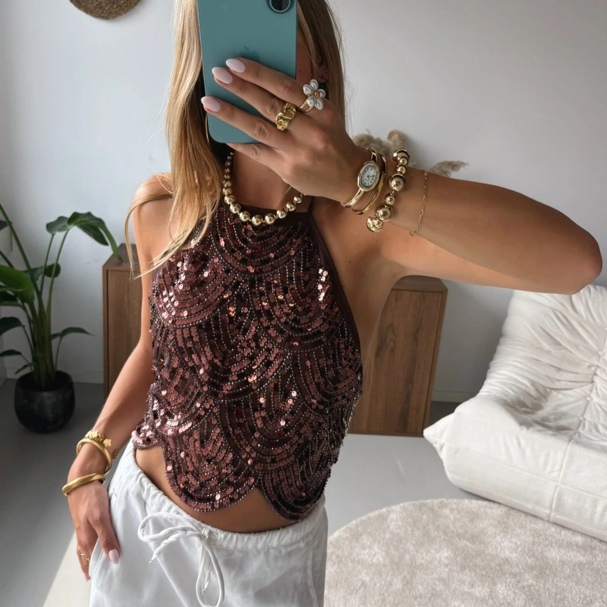 SOKYND Jane Sequin Halter Top TopSOKYND-200663-BRO-XS-86583BronzeXS