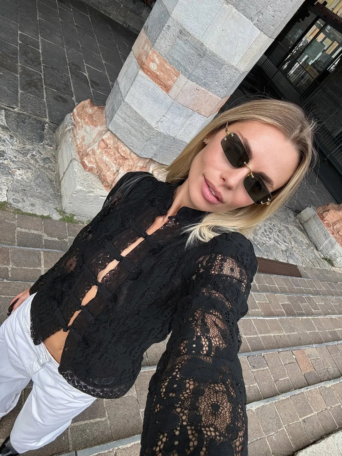 SOKYND Karina Puff Sleeve Lace Blouse in Black
