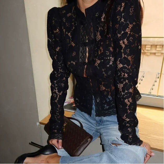 SOKYND Karina Puff Sleeve Lace Blouse in Black
