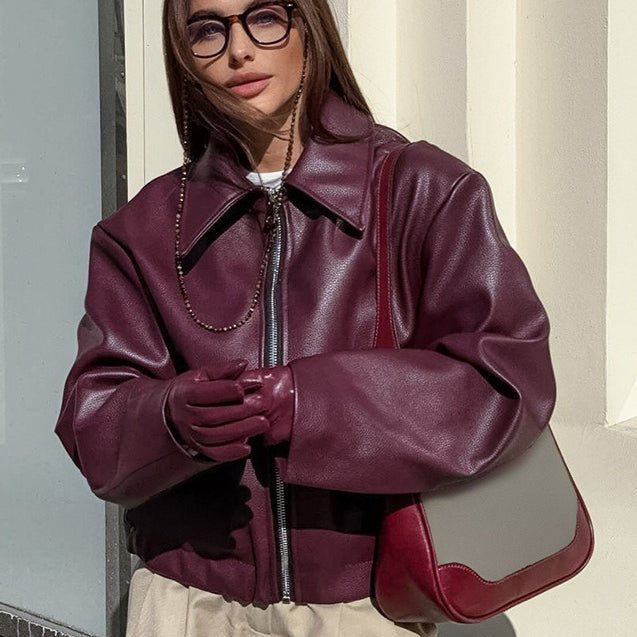 SOKYND Lara Matte Faux Leather Moto Jacket JacketSOKYND-601239-BUR-S-03703BurgundyS