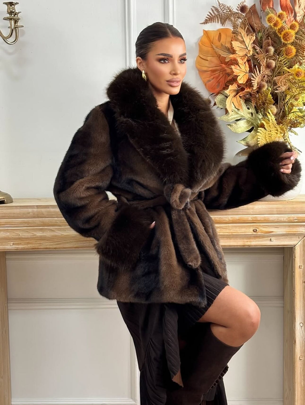 SOKYND Leslie Faux Fur Coat in Coffee