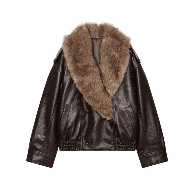 SOKYND Merriame Faux Leather Jacket with Detachable Fur Collar in Brown