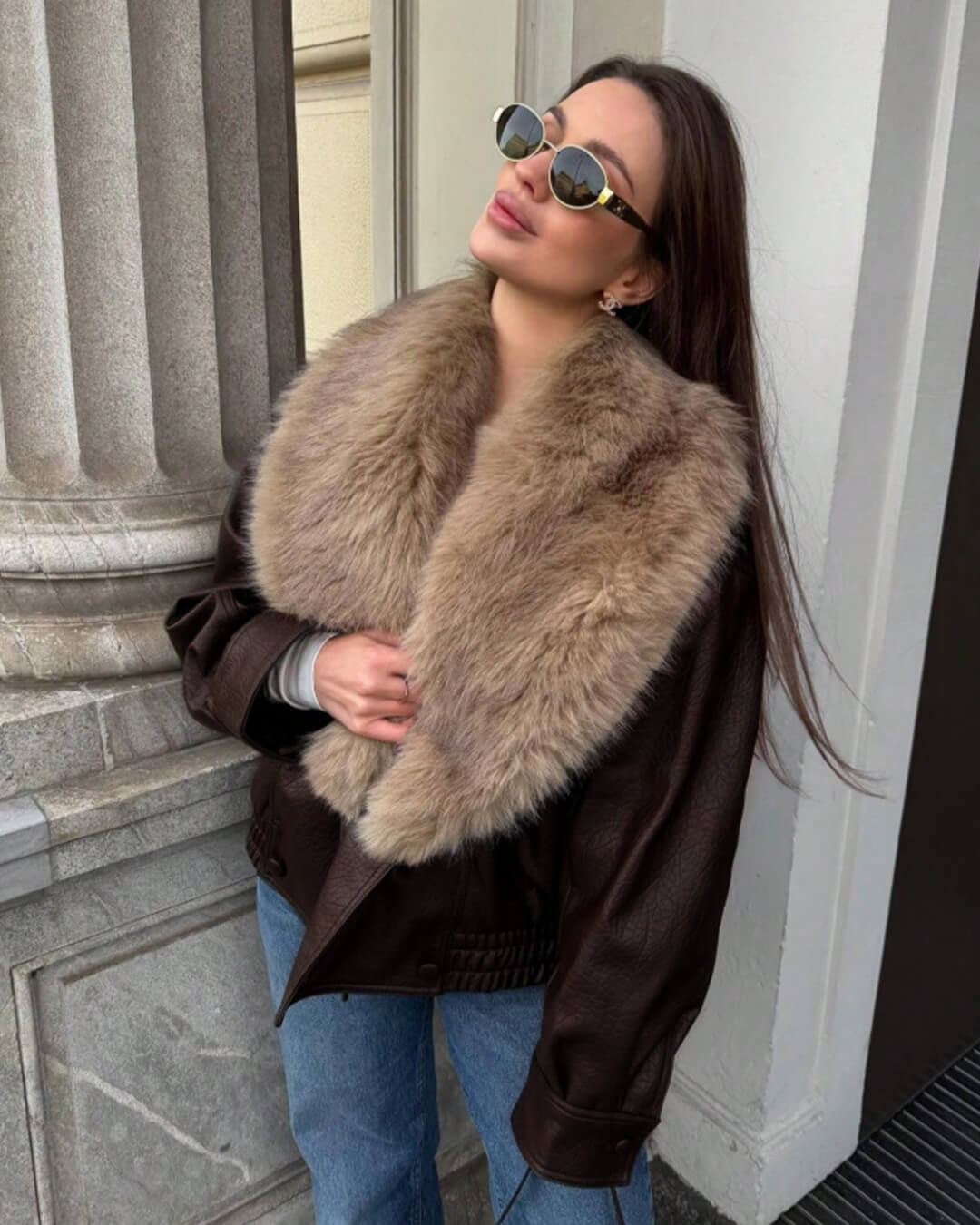 SOKYND Merriame Faux Leather Jacket with Detachable Fur Collar in Brown