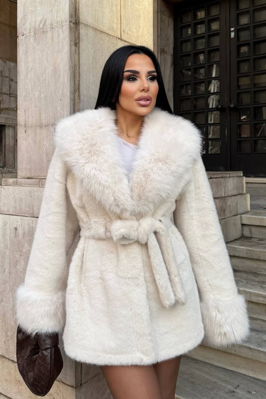 SOKYND Miriam Faux Fur Trim Coat CoatSOKYND-365143-WHI-S-88311WhiteS