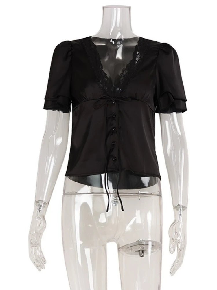 SOKYND Myrna Satin Lace Blouse TopsBlackS