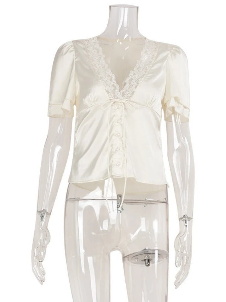 SOKYND Myrna Satin Lace Blouse TopsPeachS