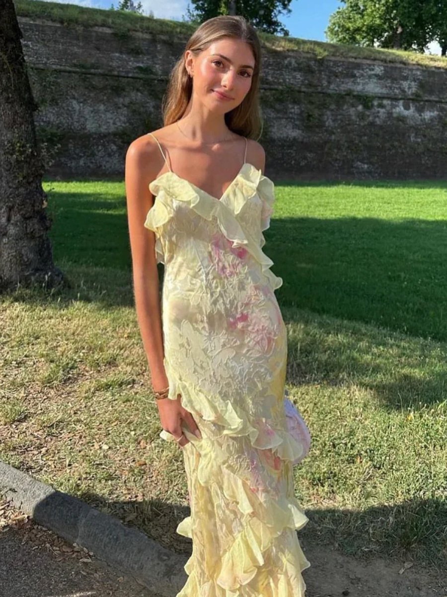 SOKYND Nancy Ruffled Sleeveless Maxi Dress in Yellow