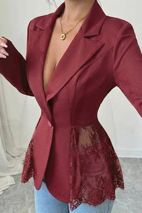 SOKYND Nicole Lace Panel Tailored Blazer Coats & JacketsBurgundyS