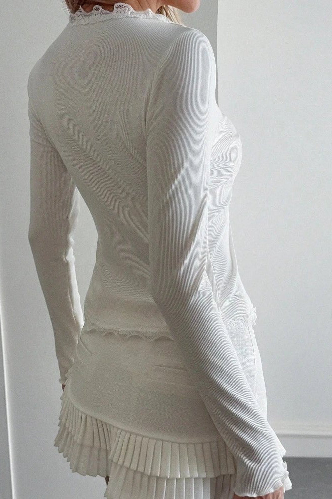 SOKYND Nora Ribbed Lace Trim V-Neck Blouse TopsSOKYND-521239-WHI-S-31351WhiteS