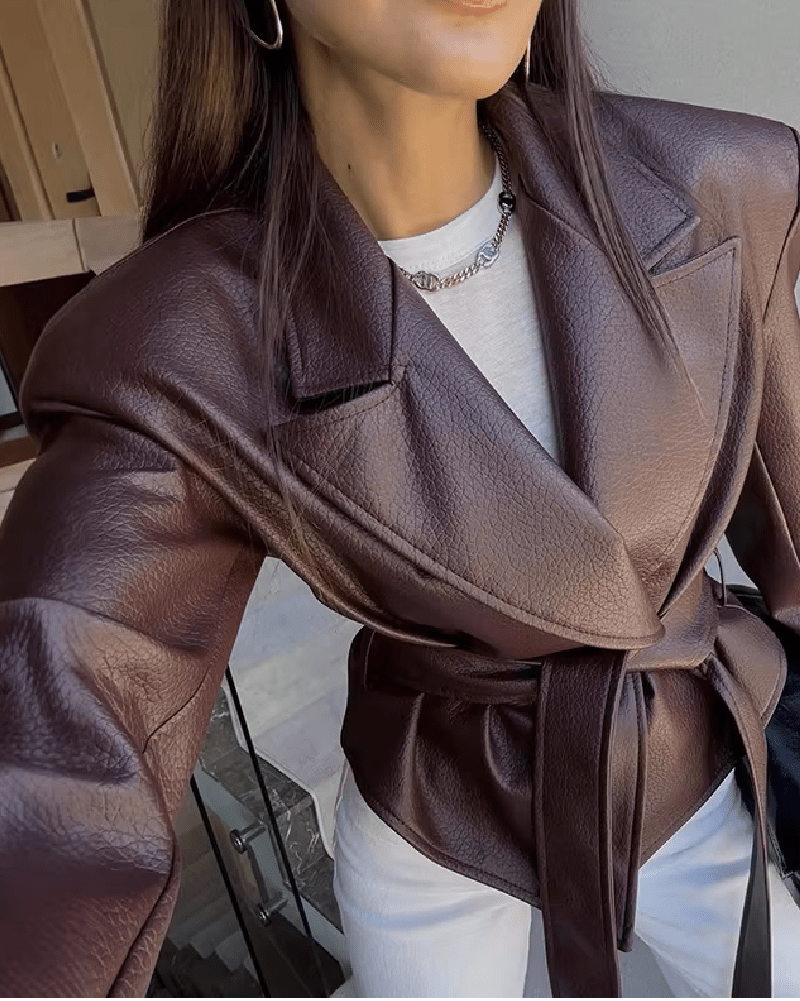 SOKYND Ruth Lace-Up Faux Leather Blazer Jacket JacketSOKYND-384855-BRO-M-20151BrownM