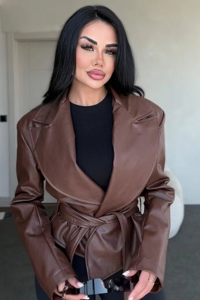SOKYND Ruth Lace-Up Faux Leather Blazer Jacket JacketSOKYND-384855-BRO-M-20151BrownM