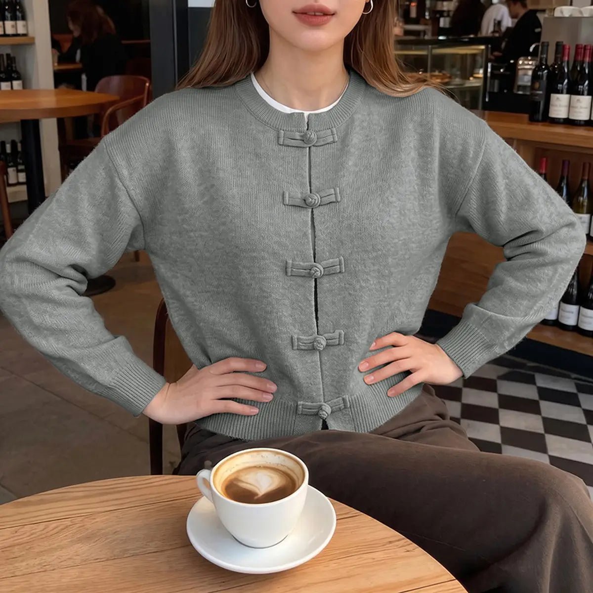 SOKYND Sara Frog Knots Knitted Cardigan CardiganBrownS
