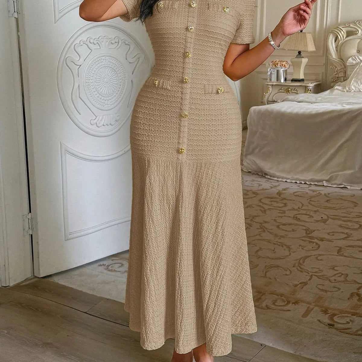 SOKYND Teresa Bodycon Flared Midi Dress DressSOKYND-522263-BEI-S-01431BeigeS