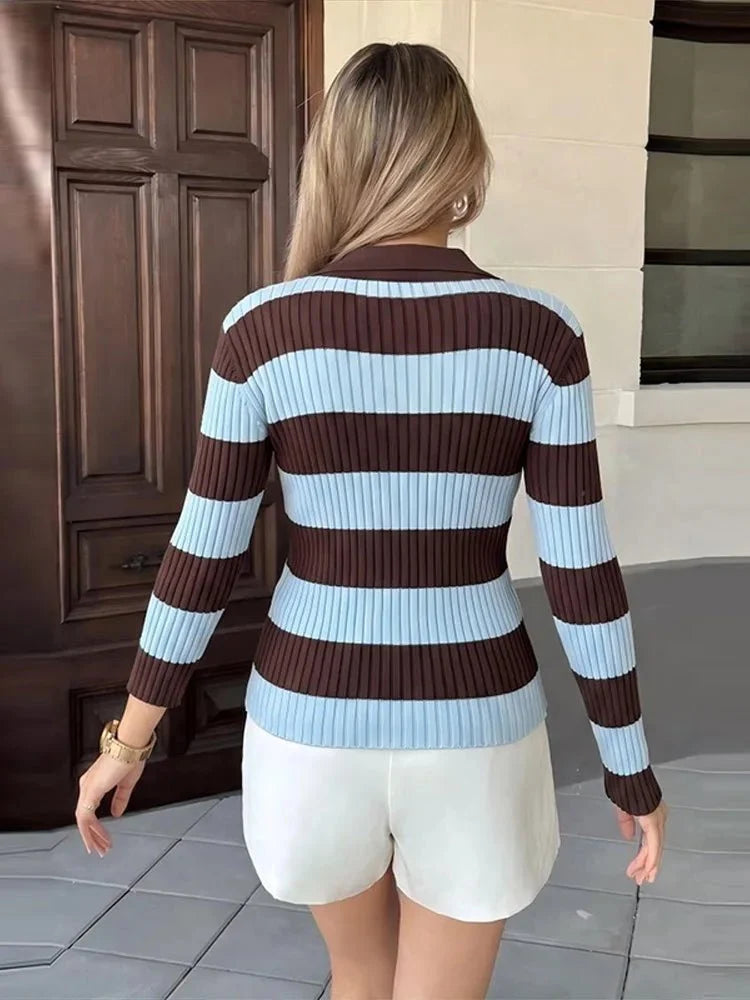 Teresa Striped Knit Polo Pullover