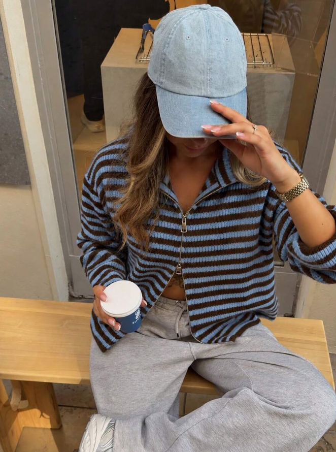SOKYND Kate Striped Mock Neck Knit Cardigan in Blue