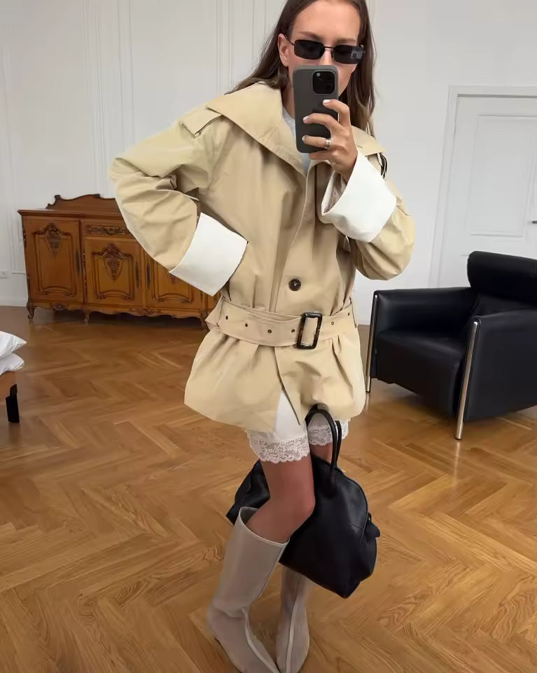 Jasmin Contrast Cuffs Belted Trench