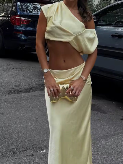 Sienna Satin Pleated Crop Top & Skirt Set
