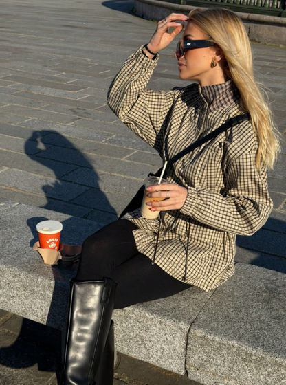 Amelia High-Neck Plaid Jacket