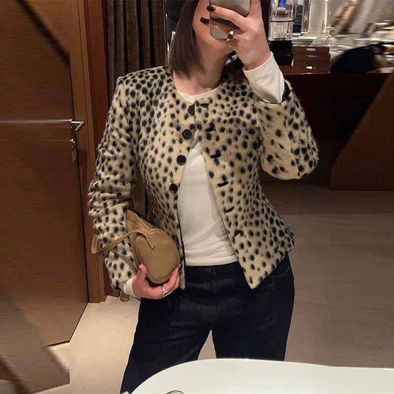 Rose Leopard Faux Fur Cropped Jacket